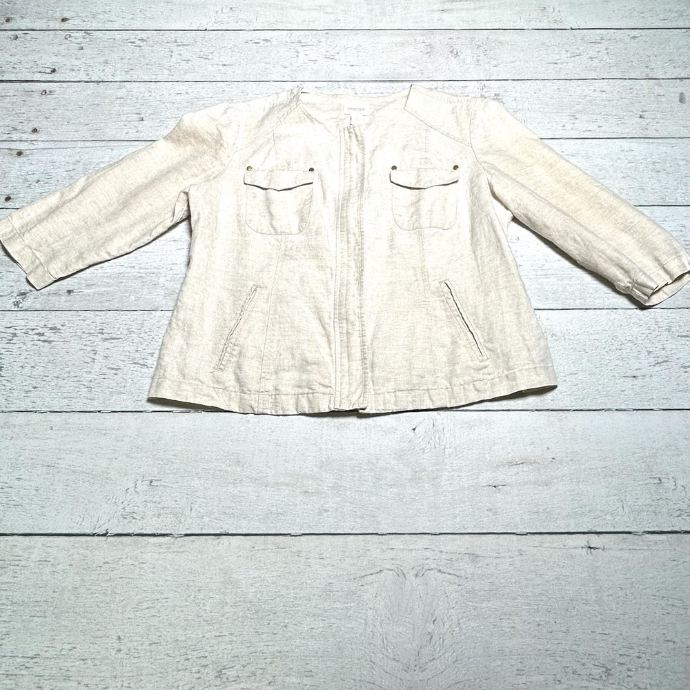 Chicos Womens Size 1 Petite Cream Linen Blend Jacket Gold Zipper Ivory